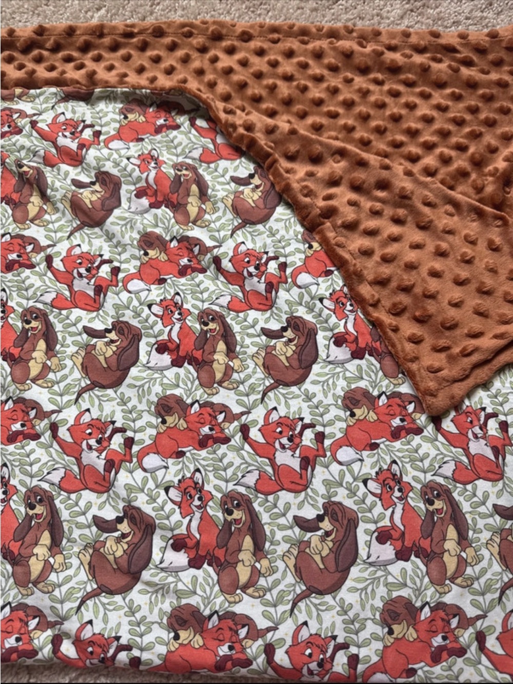 Reversible Fox Print Baby Blanket with Brown Minky Dot Backing